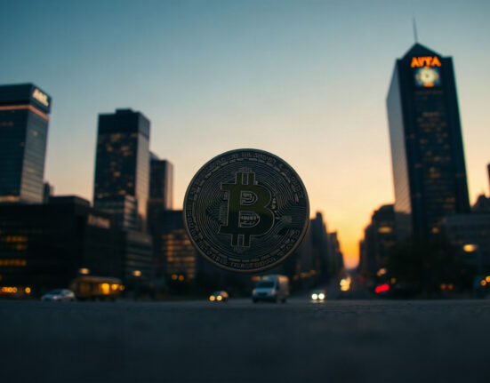 Bitcoin coin in foreground with financial district skyline at dusk, symbolizing market rally