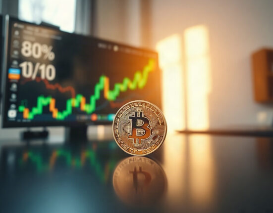 Bitcoin coin with upward chart in background, symbolizing weekly price surge
