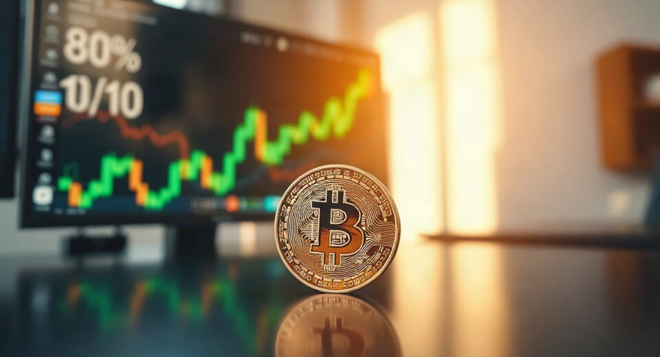 Bitcoin coin with upward chart in background, symbolizing weekly price surge