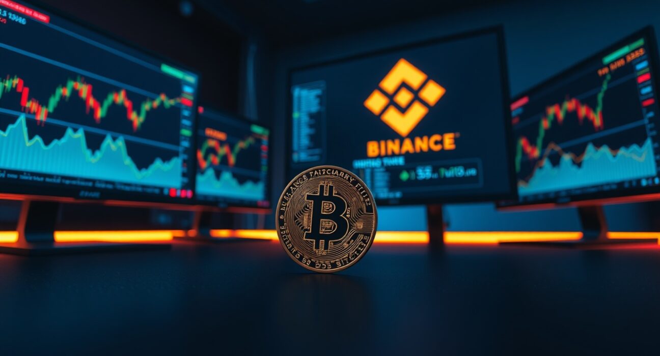 Bitcoin coin on a trading desk with Binance exchange charts on monitors