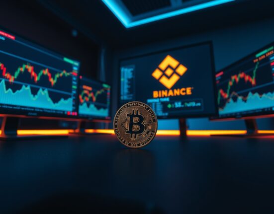Bitcoin coin on a trading desk with Binance exchange charts on monitors