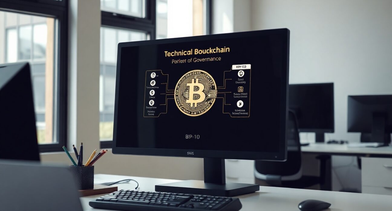 Bitcoin blockchain code on a computer screen in a professional office setting