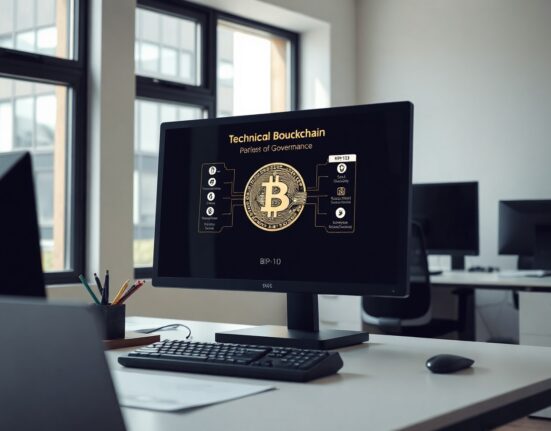 Bitcoin blockchain code on a computer screen in a professional office setting