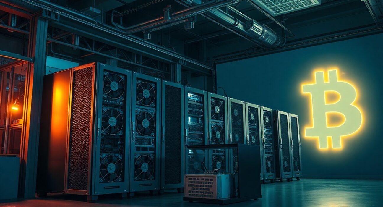 Bitcoin mining facility with rows of mining rigs, illustrating the infrastructure behind the network's processing power.