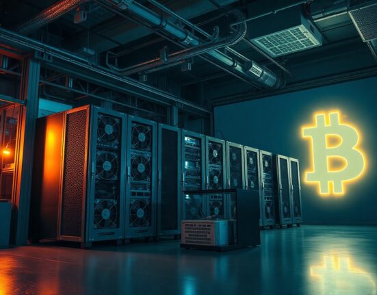 Bitcoin mining facility with rows of mining rigs, illustrating the infrastructure behind the network's processing power.