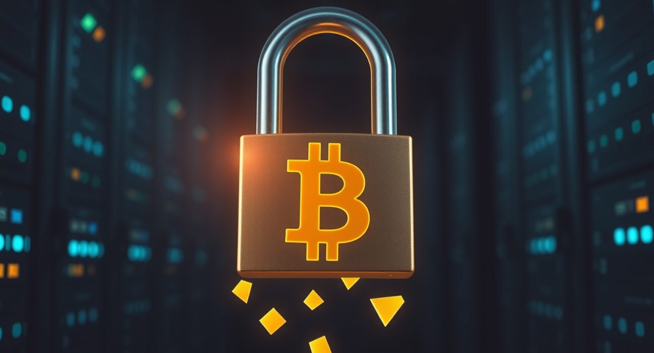 Conceptual image representing the potential freezing of Bitcoin assets due to the BIP-361 quantum defense proposal.