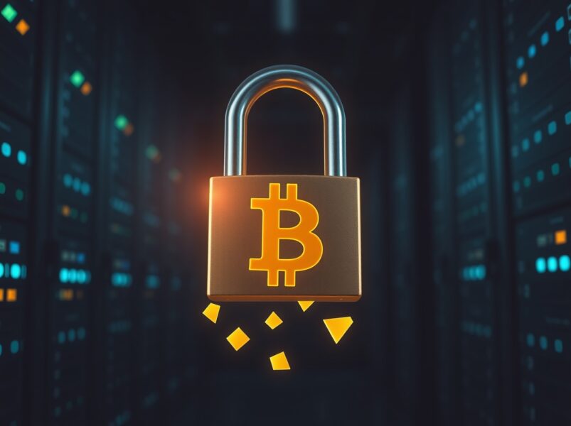 Conceptual image representing the potential freezing of Bitcoin assets due to the BIP-361 quantum defense proposal.