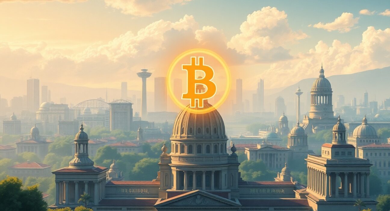 Conceptual art representing the intersection of Bitcoin and Federal Reserve monetary policy under potential new leadership.