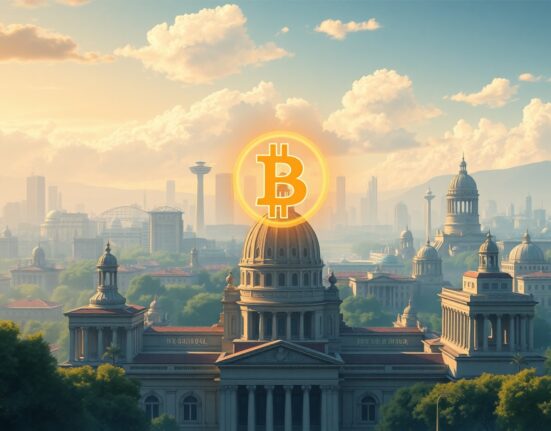 Conceptual art representing the intersection of Bitcoin and Federal Reserve monetary policy under potential new leadership.