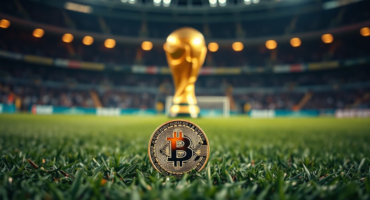 Bitcoin coin on a soccer field with a blurred World Cup trophy in the background