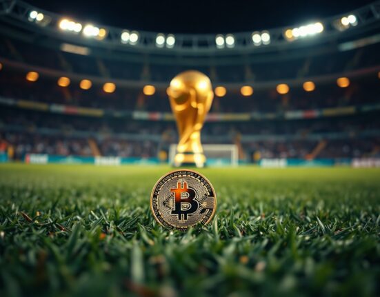 Bitcoin coin on a soccer field with a blurred World Cup trophy in the background