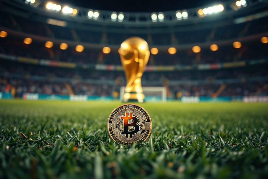 Bitcoin coin on a soccer field with a blurred World Cup trophy in the background