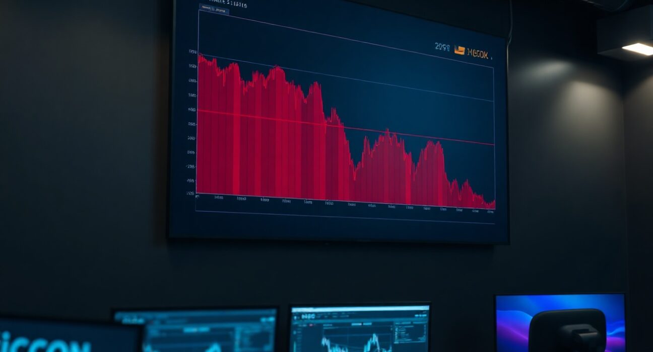 Bitcoin price chart showing a downward trend on a trading screen in a dimly lit office.