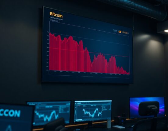 Bitcoin price chart showing a downward trend on a trading screen in a dimly lit office.