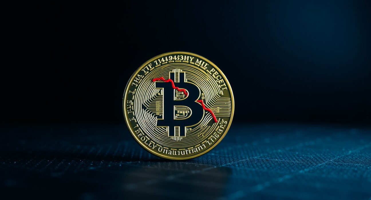Bitcoin coin with a reflection of a red downward chart, representing a potential market bottom and liquidation risk.