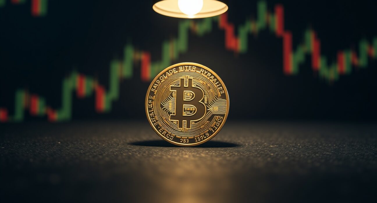 Bitcoin coin on dark surface with blurred financial chart background, representing market analysis and potential bottom.