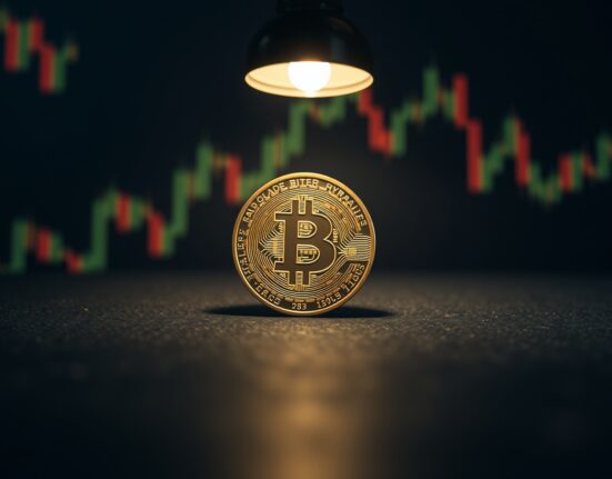 Bitcoin coin on dark surface with blurred financial chart background, representing market analysis and potential bottom.
