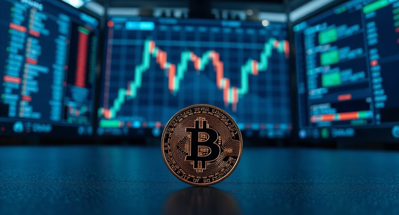 Bitcoin coin in front of a trading chart, representing market analysis and potential bottoming.