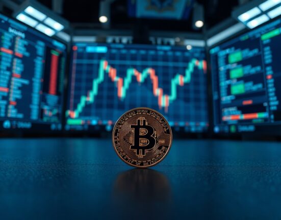 Bitcoin coin in front of a trading chart, representing market analysis and potential bottoming.