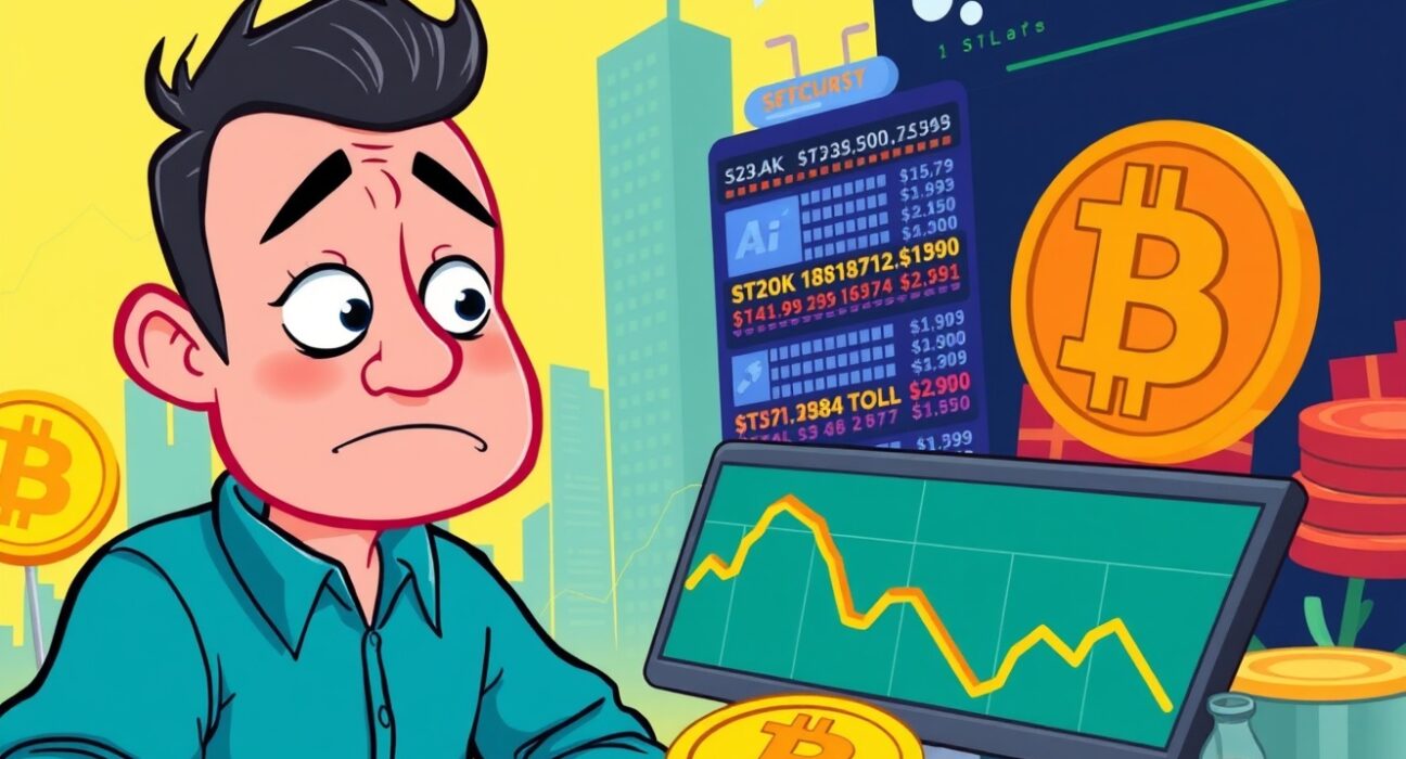 Cartoon illustration of Bitcoin bottom analysis with investor watching market trends