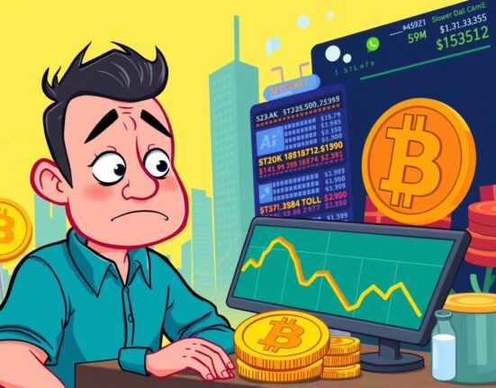Cartoon illustration of Bitcoin bottom analysis with investor watching market trends