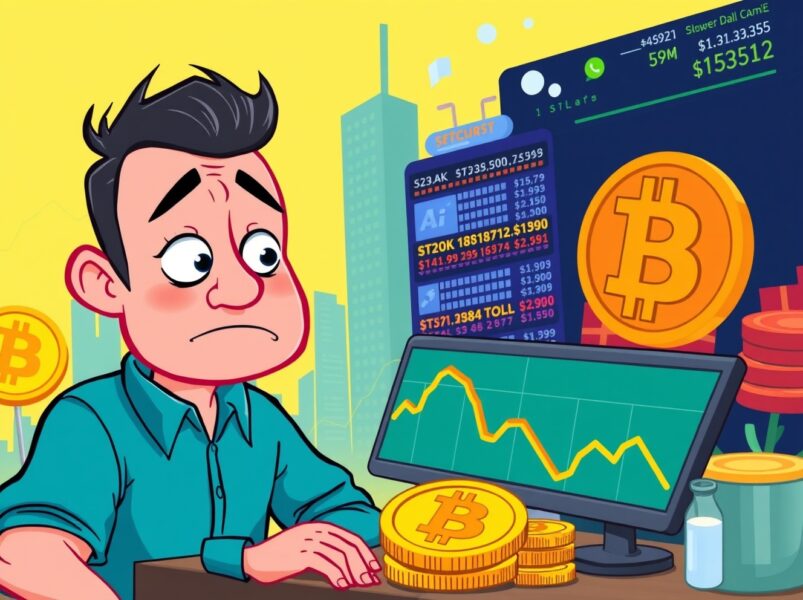 Cartoon illustration of Bitcoin bottom analysis with investor watching market trends