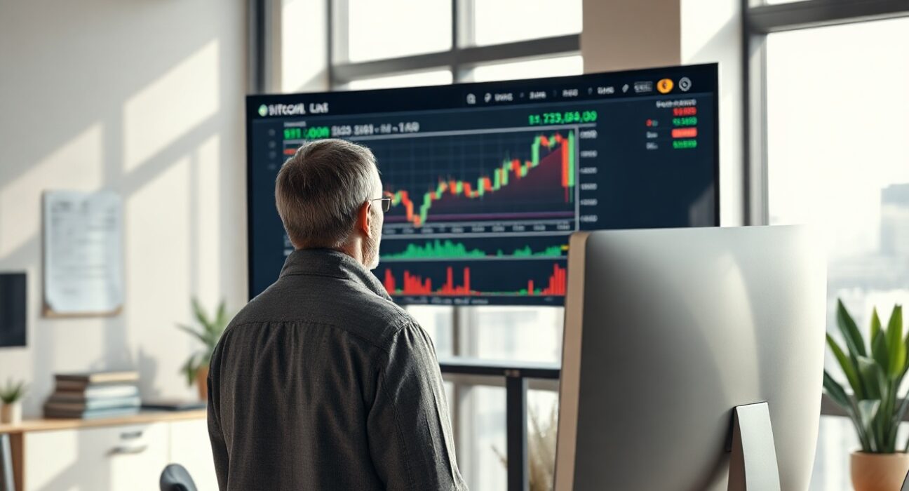 Bitwise CIO Matt Hougan analyzing Bitcoin price charts on a screen in a modern office.