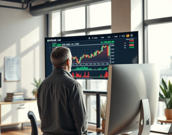 Bitwise CIO Matt Hougan analyzing Bitcoin price charts on a screen in a modern office.