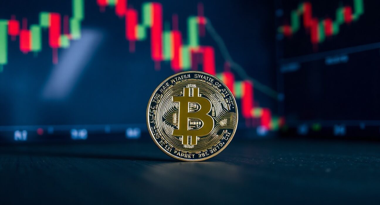 Bitcoin coin on wooden surface with stock chart background representing market volatility