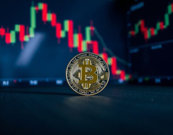 Bitcoin coin on wooden surface with stock chart background representing market volatility