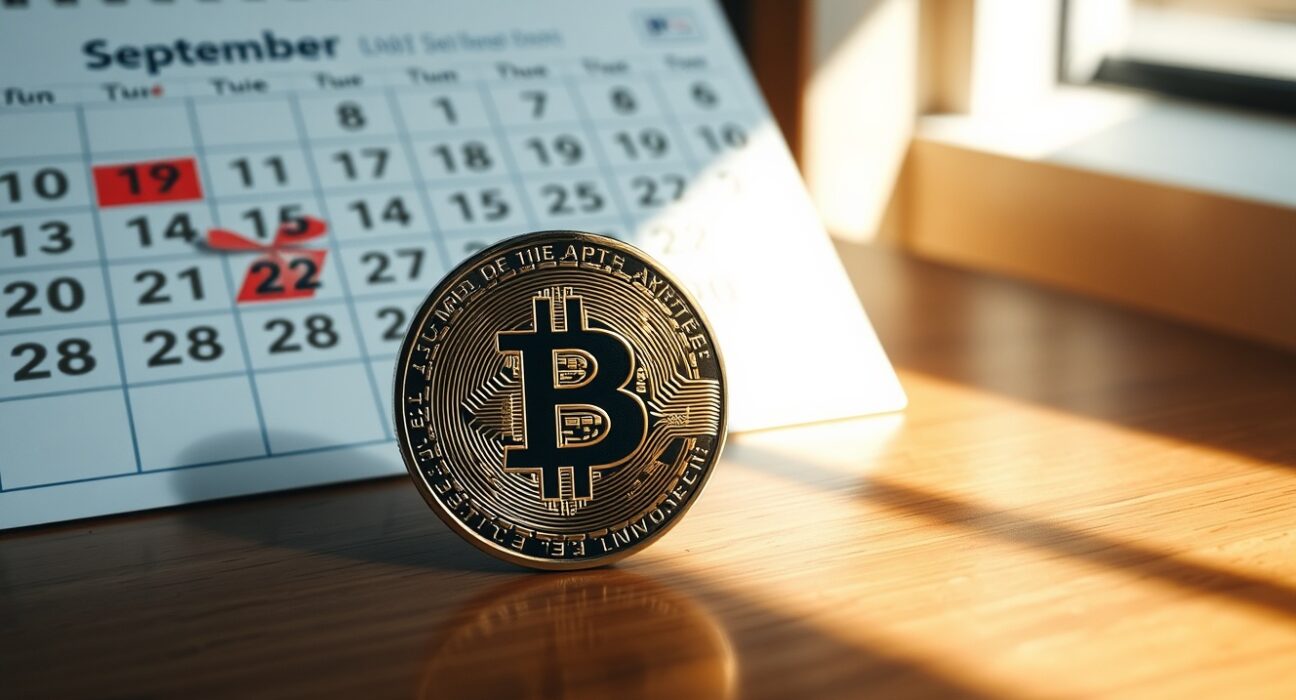 Bitcoin coin on wooden surface with September calendar in background