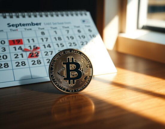 Bitcoin coin on wooden surface with September calendar in background