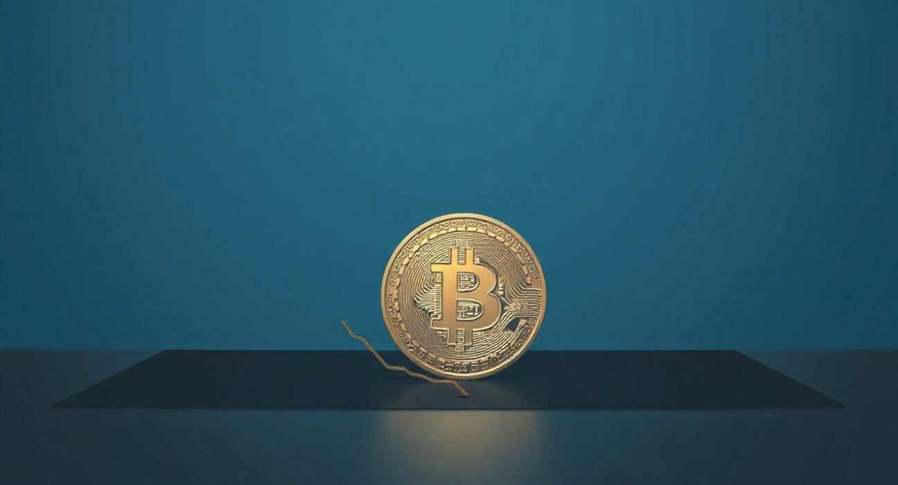 Bitcoin coin at the bottom of a chart curve, symbolizing a market bottom finding phase.