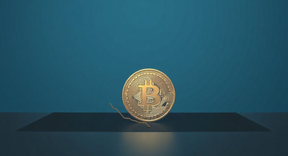 Bitcoin coin at the bottom of a chart curve, symbolizing a market bottom finding phase.