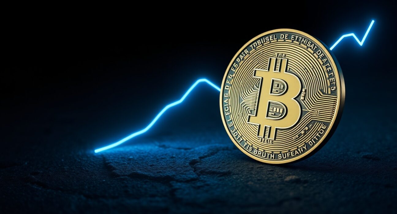 Bitcoin coin on dark stone surface with subtle blue light suggesting market bottom formation