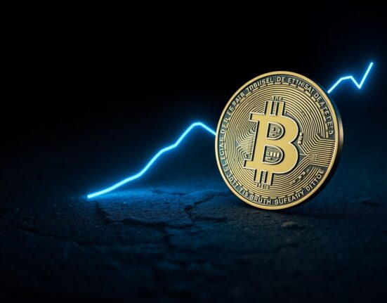 Bitcoin coin on dark stone surface with subtle blue light suggesting market bottom formation