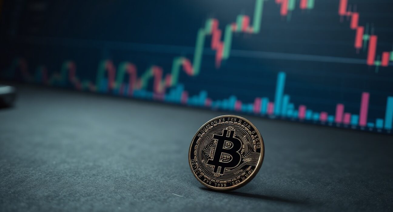 Bitcoin coin on dark surface with blurred financial charts in background