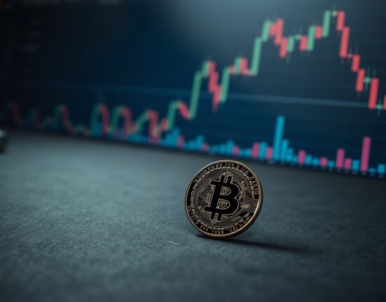 Bitcoin coin on dark surface with blurred financial charts in background