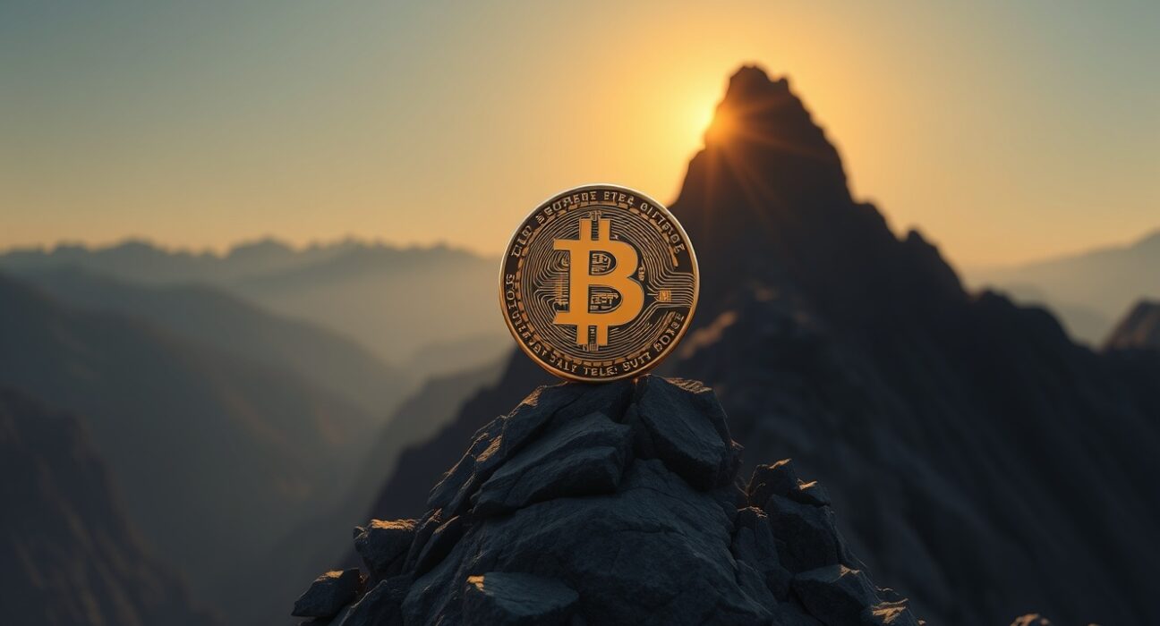 Bitcoin coin on a mountain peak at sunrise, representing a market bottom test and potential reversal, as analyzed by Willy Woo.