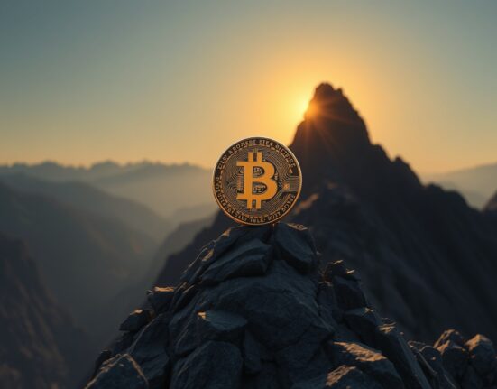 Bitcoin coin on a mountain peak at sunrise, representing a market bottom test and potential reversal, as analyzed by Willy Woo.