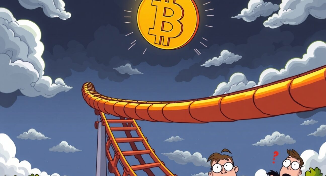Bitcoin bottom uncertainty shown through cartoon rollercoaster market volatility