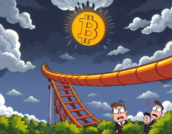 Bitcoin bottom uncertainty shown through cartoon rollercoaster market volatility