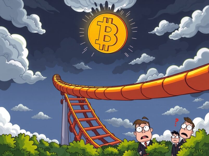 Bitcoin bottom uncertainty shown through cartoon rollercoaster market volatility