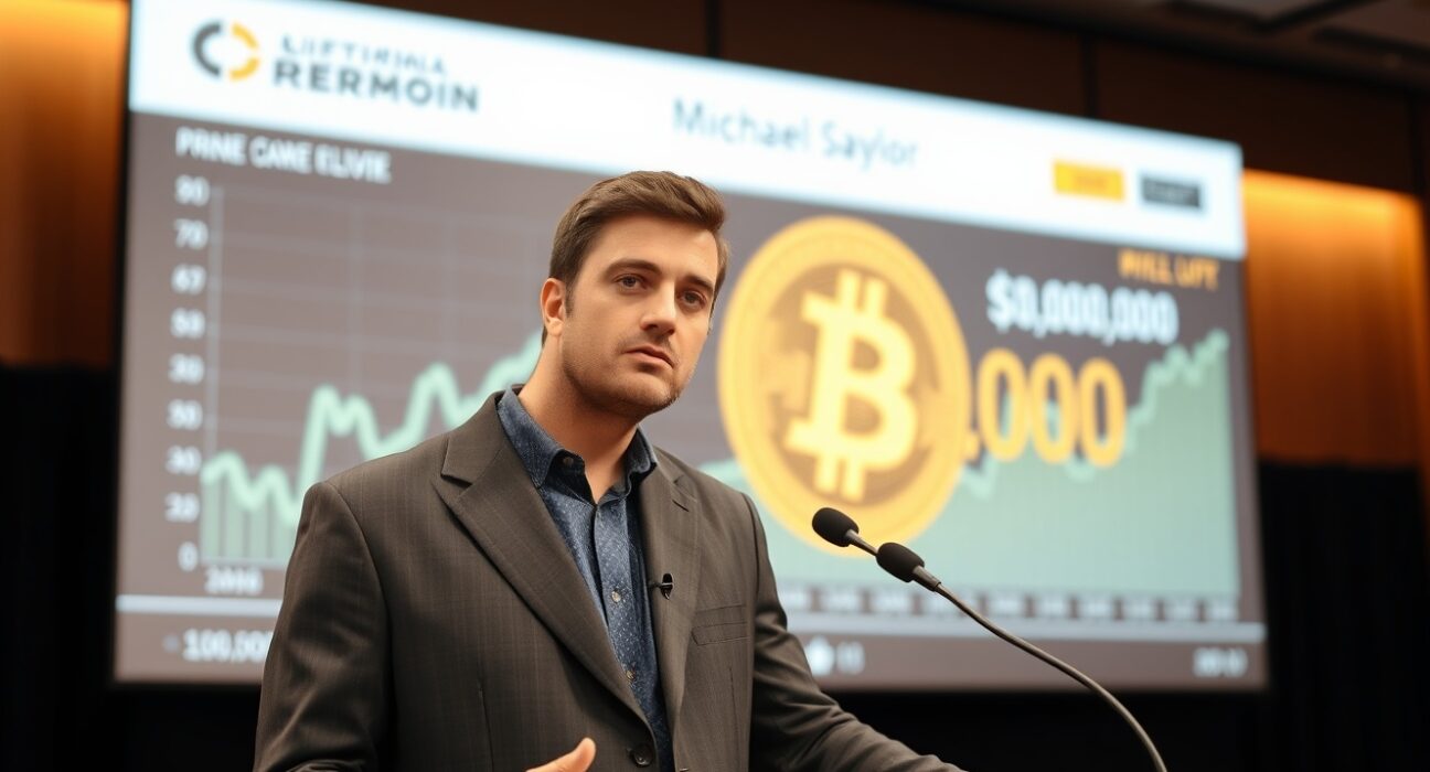 Michael Saylor analyzing the Bitcoin market bottom at a financial conference.