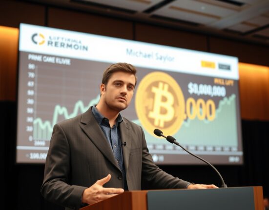 Michael Saylor analyzing the Bitcoin market bottom at a financial conference.