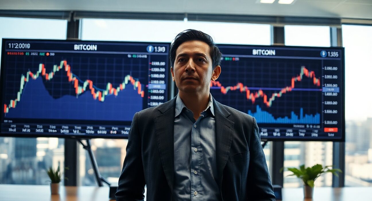 Financial analyst reviewing Bitcoin price charts and dollar index on multiple monitors