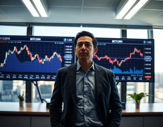 Financial analyst reviewing Bitcoin price charts and dollar index on multiple monitors