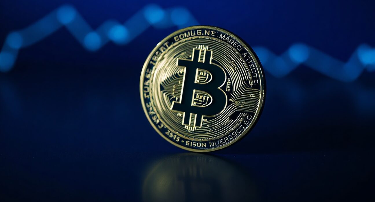 Bitcoin coin on dark reflective surface with cool blue lighting representing market bottom analysis