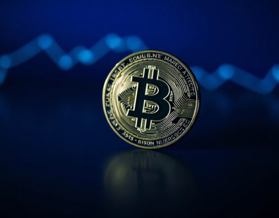 Bitcoin coin on dark reflective surface with cool blue lighting representing market bottom analysis