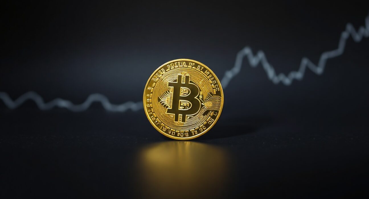 Bitcoin coin on a dark surface with a faint downward-trending graph in the background, representing a market bottom prediction.